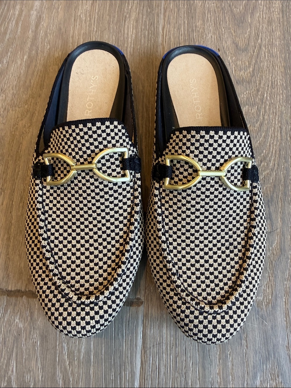 Rothy's Black & Cream Checkered Slip-On Loafers with Gold Horsebit